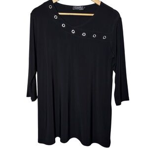 Sympli Canada Tunic Top Womens Size 12 Black Grommet Neckline Stretch 3/4 Sleeve